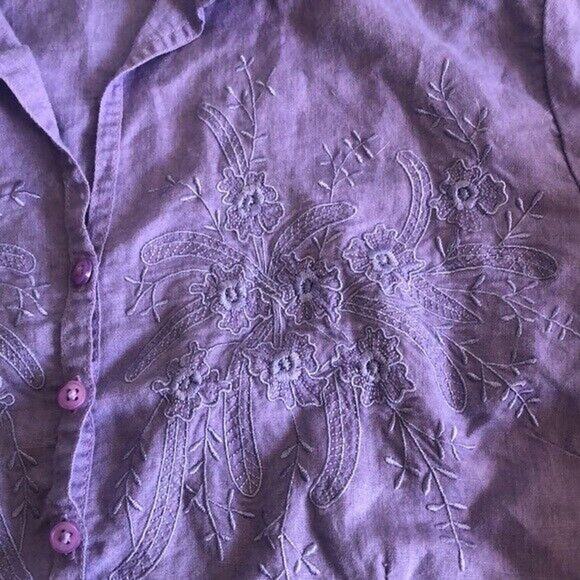 Quizz Again Linen Blend Vtg Y2K Button Front Floral Embroider Short Sleeve Top M - Picture 4 of 6